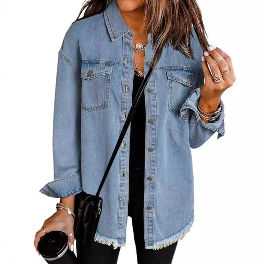 Women Denim Shirt Turn Down Collar  Streetwear Open Stitch Single Breasted Casual Loose Jackets