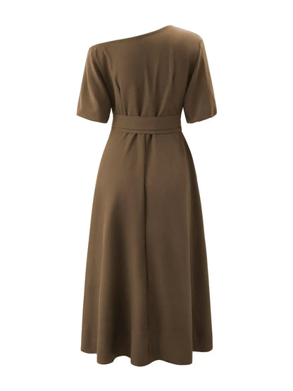 Women's S-2XL Size New Slanted Shoulder Collar Tie Waist Style Solid Color Dress Leopard print maxi dresses for women