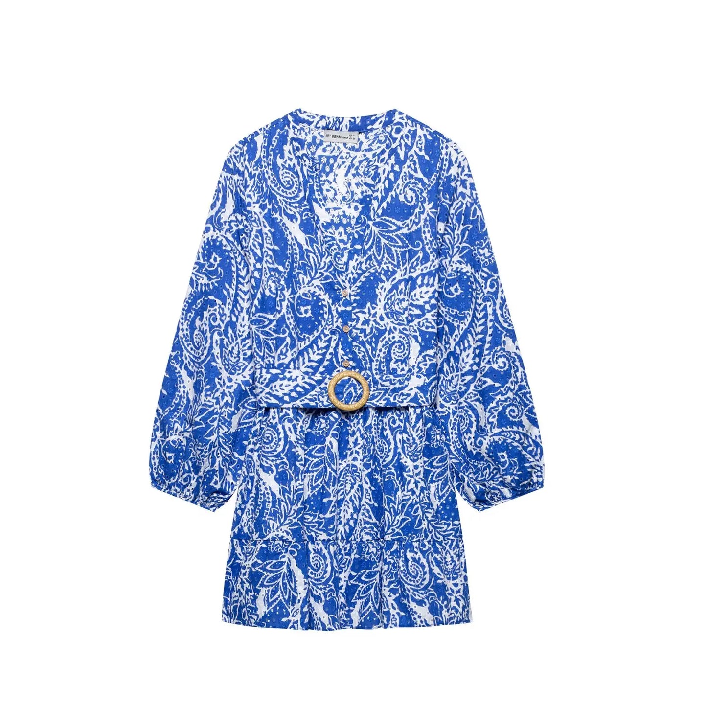 DUOPERI Women With Belt Printed Mini Dress Single Breasted V-Neck High Female Elegance Chic Lady Long Sleeves Dresses