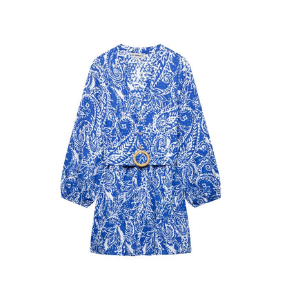 DUOPERI Women With Belt Printed Mini Dress Single Breasted V-Neck High Female Elegance Chic Lady Long Sleeves Dresses