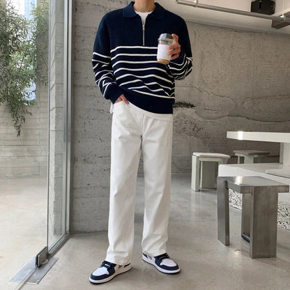 Autumn Korean Men's Light Style Lapel Long Sleeve Sweater Fashion High-end Loose Retro Casual Half Zip Striped Sweater Top