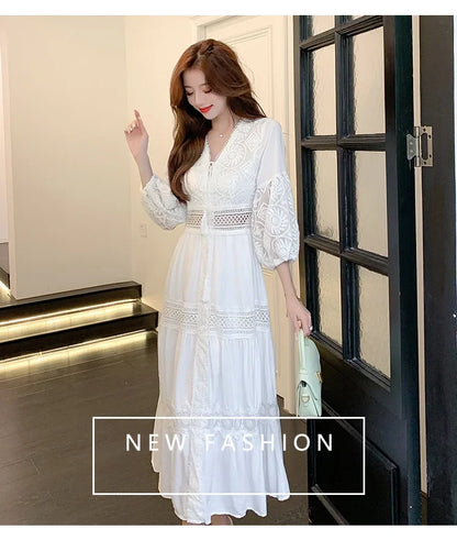 2025 Women's New Spring/Summer White Hollow Sweet Dress Fashion French Bubble Sleeve Knee length Skirt European and American