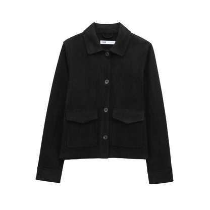 TRAF Women's Suede Texture Jacket 2025 Fashion Long Sleeve Cropped Coats Women Casual New In Outerwear
