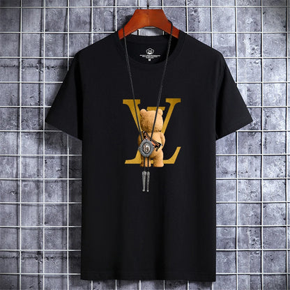 Summer Men's Luxury Casual T-Shirt Retro Y2k Designer Short Sleeve Tees Male Vintage Cotton Trendy High Quality Bear Print Tops