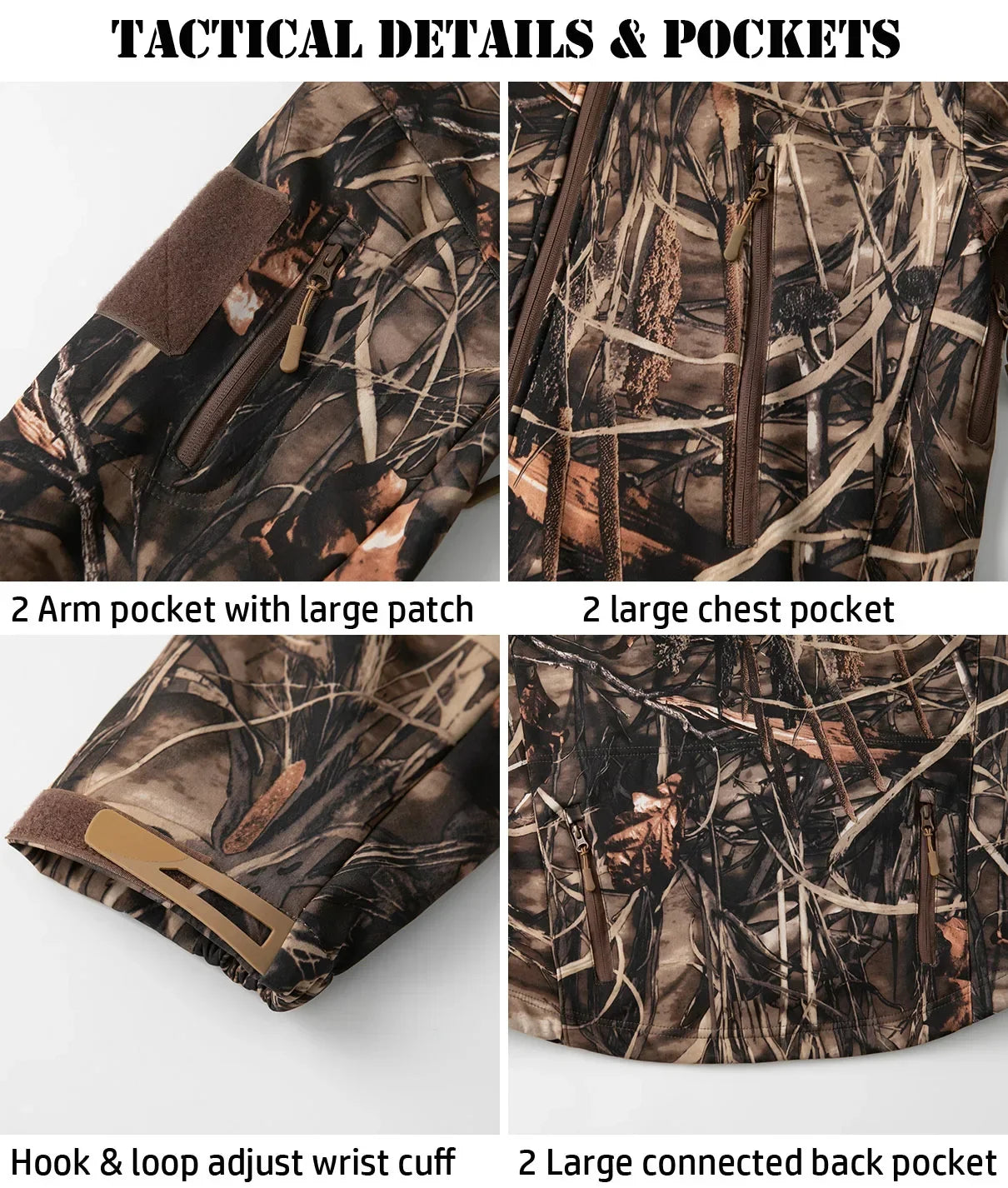 Men's Silent Camouflage Hunting Jacket Soft Shell Outdoor Hiking Fishing Hooded Coat Waterproof Fleece Tactical Jackets