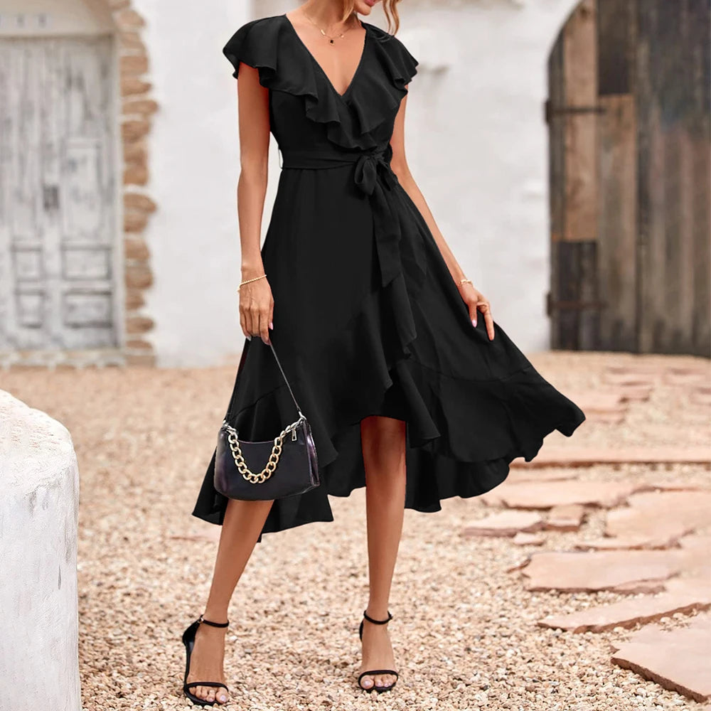 Women's Elegant Solid Ruffle Flying Sleeve Lace Up Skater Midi Dress Summer Ladies Party Holiday Casual Sundress Size S-2XL