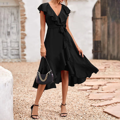 Women's Elegant Solid Ruffle Flying Sleeve Lace Up Skater Midi Dress Summer Ladies Party Holiday Casual Sundress Size S-2XL