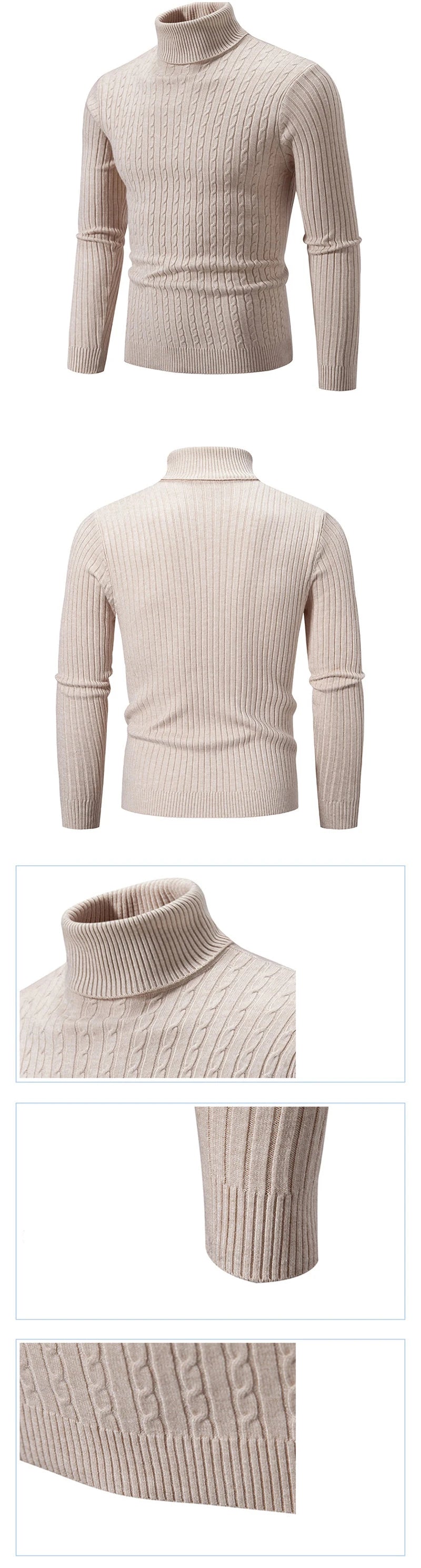 Autumn Men's Ribbed Turtleneck Sweater Warm Fitted Knitted Pullover Sweatesr Jacquard Striped Casual Long Sleeves Basic Top