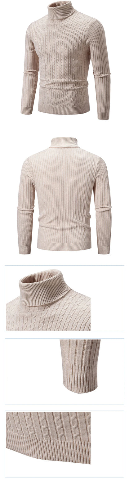 Autumn Men's Ribbed Turtleneck Sweater Warm Fitted Knitted Pullover Sweatesr Jacquard Striped Casual Long Sleeves Basic Top
