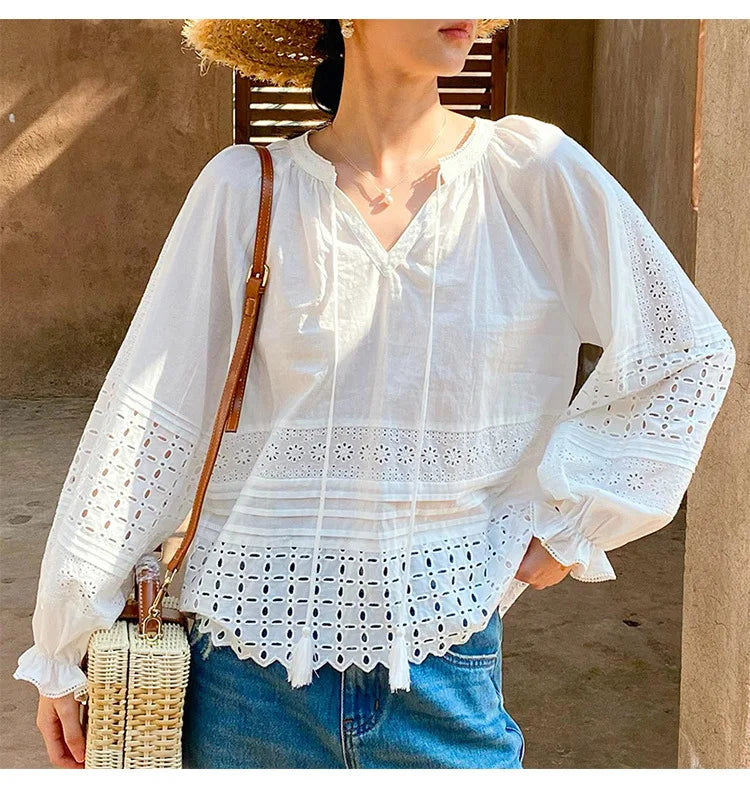 2025 Spring New Women's French White Shirt Splicing Lace Embroidery Design Ladies Shirt Long Sleeve Casual Holiday Beach Tops