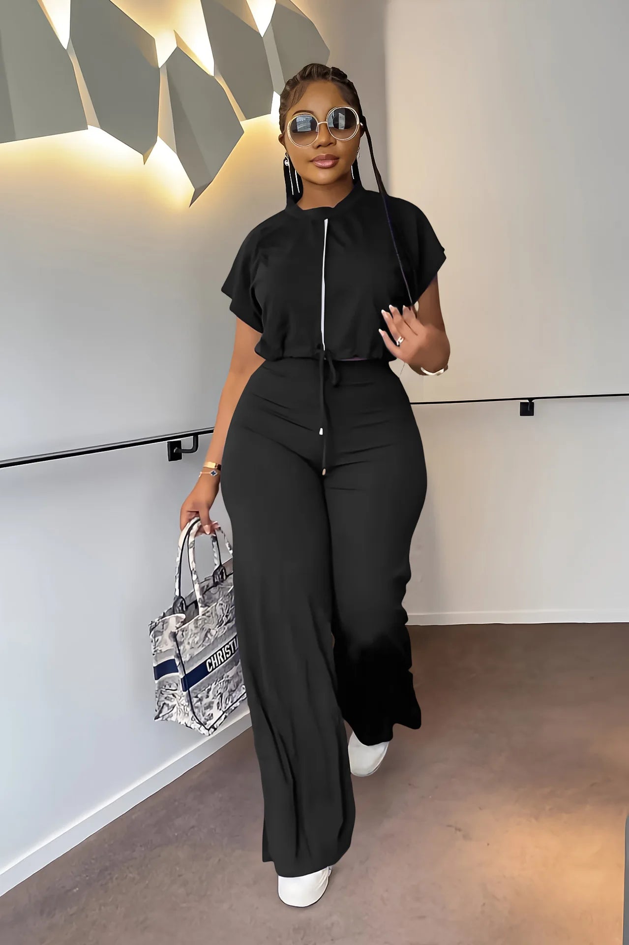 Women Short Sleeve Top & High Waist Pants Set