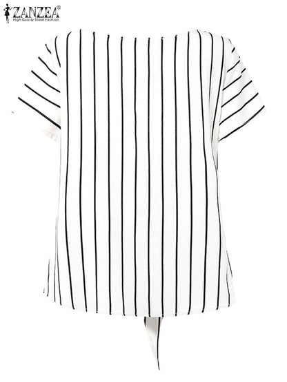 ZANZEA Women Fashion Tie-Front Striped Blouses 2025 Summer Stylish V-Neck Short Sleeve Tops Elegant Casual Commute Blusas Mujer