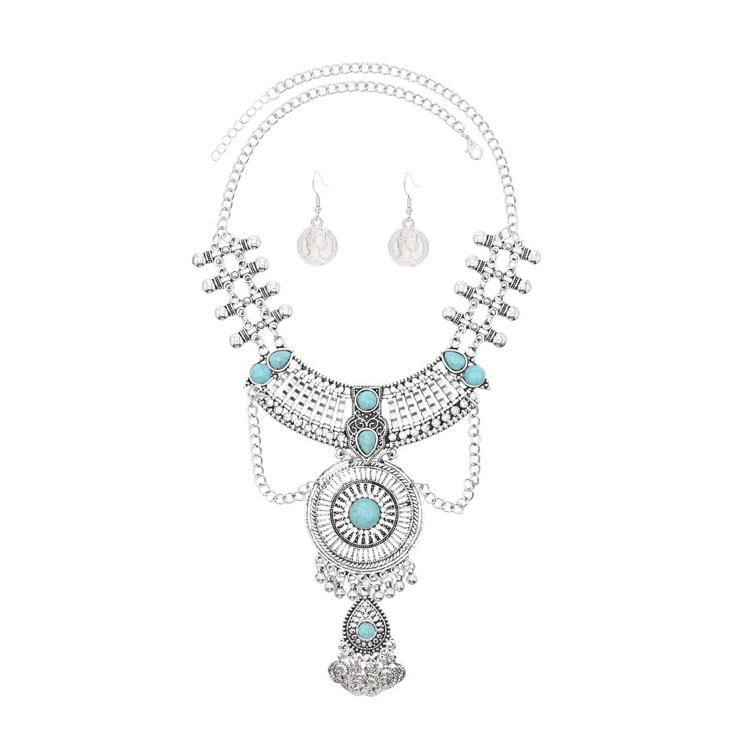 Retro Boho Moon Round Butterfly Pendant Coins Necklace Earrings Gypsy Afghan Traditional Ethnic Clothing Necklaces Jewelry Sets