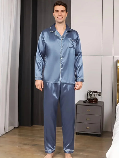 Men's Satin Pajama Set Linter Lapel Collar Long Sleeve Tops & Pants Sleepwear Button Down Loungewear Autumn Pyjama For Man