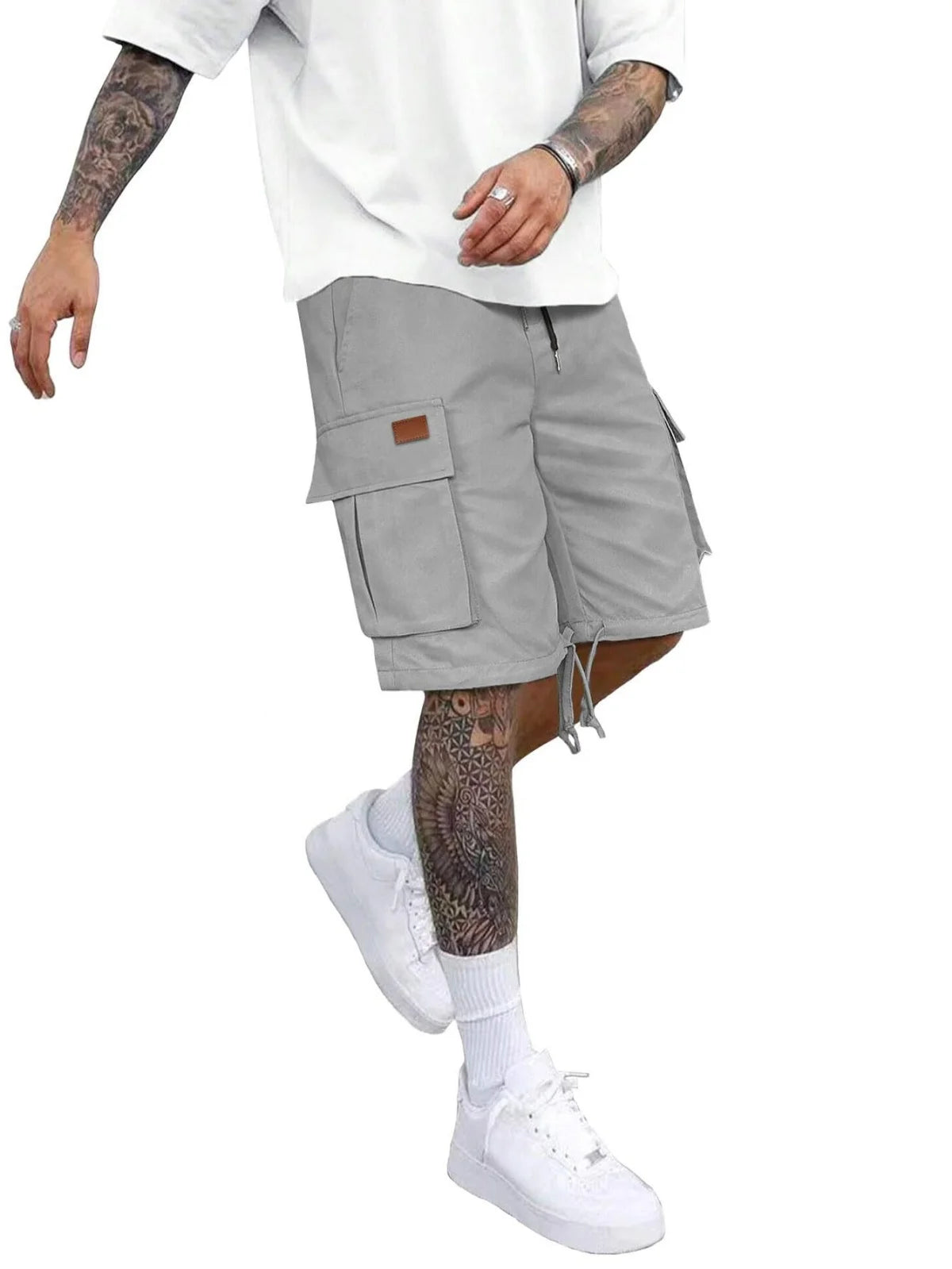 2025 Men's summer solid color casual elastic waist cargo shorts Loose multi-pocket fashion travel sports shorts