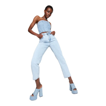 Women's Jeans Casual Double Side Pockets Beltless Denim Straight Leg Plain Zip fly Pants Fashion Clothing