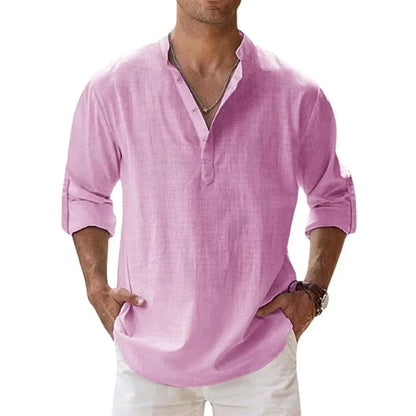 Men Cotton Linen Long Sleeve Casual Lightweight Henley Beach Hawaiian Shirt