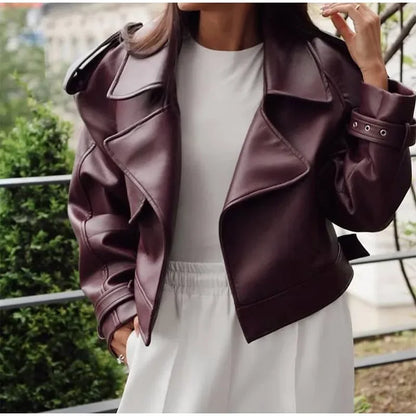 Brown Lapel Leather Bomber Jacket Women's Fashion Full Sleeve Zipper Pocket Lace Up Belt Coat 2025 Autumn High Street Outerwear