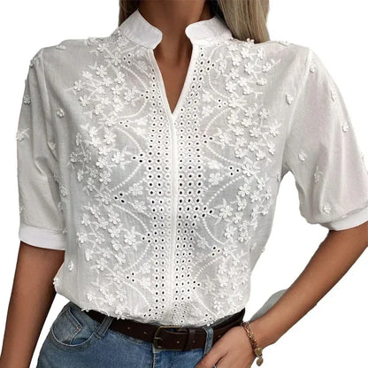Cotton Tops Floral Embroidery Lace Blouse Women Summer Elegant Short Sleeve Hollow-out Stand Collar V Neck Casual Shirt 24350