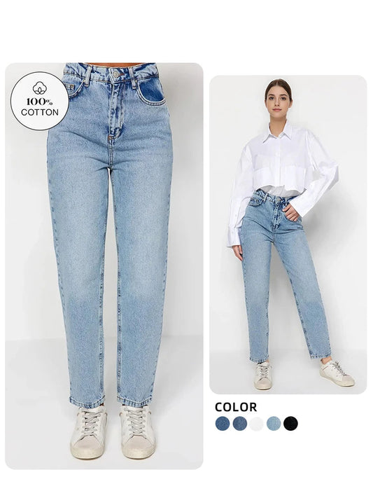 Women's 100% Cotton High Waist Turnip Jeans New Spring Autumn Pants Casual Trousers