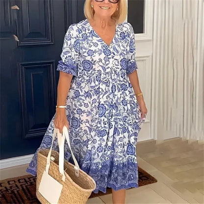 Women V Neck Pullover Button Splicing Dresses Elegant Flower Print Dress New Half Sleeve Gown Commuter Casual Loose Female Frock