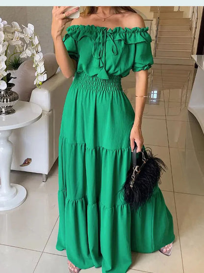 2024 Summer Solid Boho Dress Women Fashion Elegant Beach Party Dress Casual Slash Neck Office Maxi Dresses For Woman Robe Femme