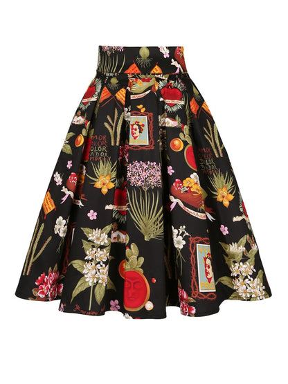 Summer French Style Women Short Vintage Pleated High Waist Floral Print Jupe Longo Elegant Ladies Office 50s Midi Tunic Skirts