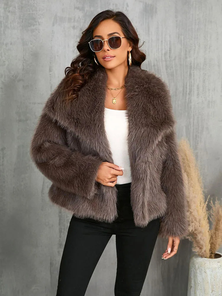 Women Oversized Turn Down Collar Fluffy Faux Fur Vintage Jacket Coats Winter Clothes