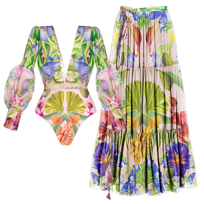 Flaxmaker Women Sexy Deep V Neck Long-sleeved Jungle Green Print One Piece Swimsuit And Skirt Summer Bathing Suit Monokini