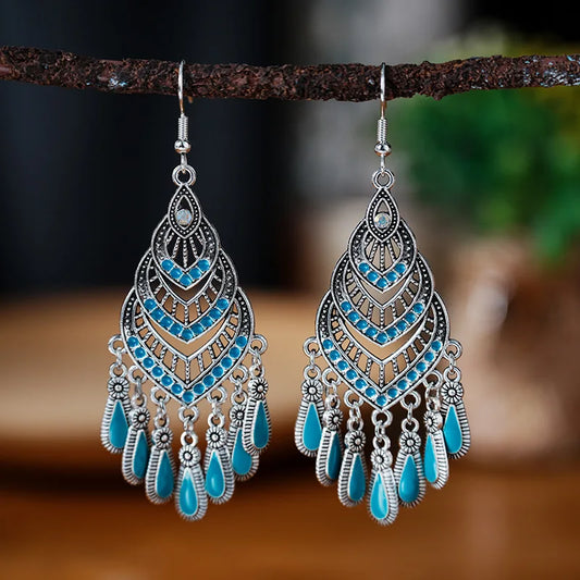 Fashion Boho Vintage Long Drop Dangle Geometric Enameled Waterdrop Tassel Bohemian Antique Women's Earrings