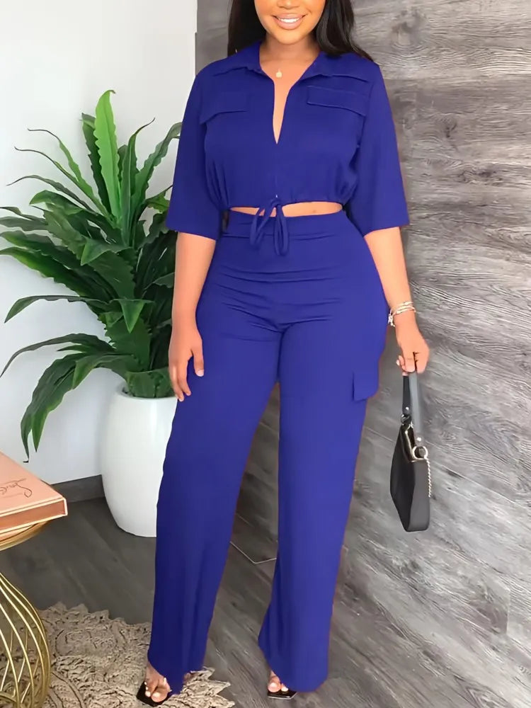 Elegant Office Women Two Piece  Short Shirt + Wide Leg Trousers Set