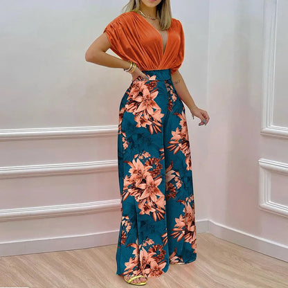 Summer New Printed Pants Sets Women Fashion Raglan Sleeves V-neck Cropped Top High Waist Wide Legs Trousers Two Piece Set Female