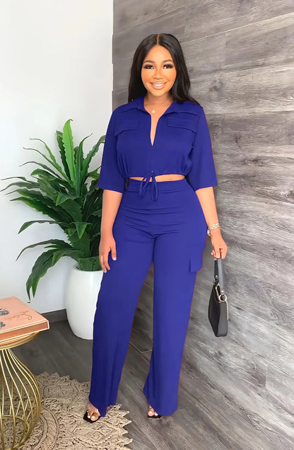 Elegant Office Women Two Piece  Short Shirt + Wide Leg Trousers Set