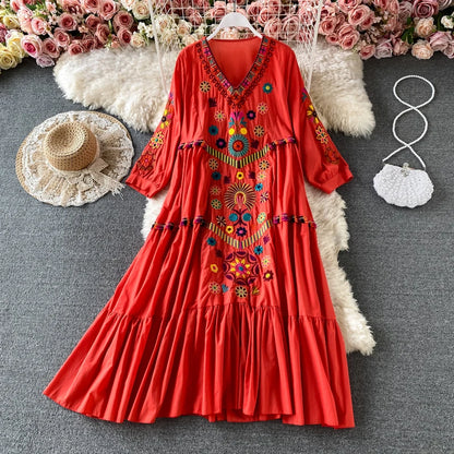 Vintage Chic Women  Floral Embroidery Beach Bohemian Mini Dress Ladies Short Sleeve V-neck Cotton and Linen Boho Dresses Vestido