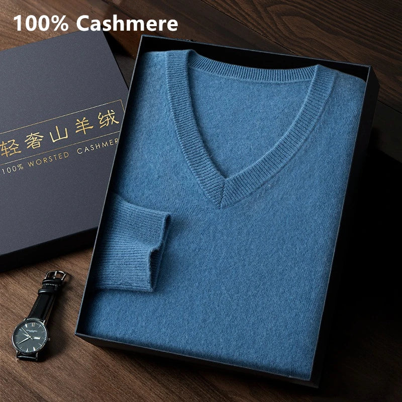 100% Cashmere Sweater 2023 Autumn Winter Classic V-neck Knitted Pullovers Men Business Casual Warm Jumper Jersey Pull Homme