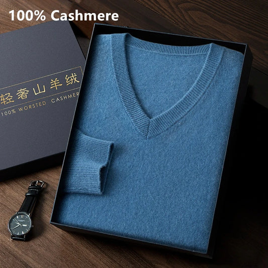 100% Cashmere Sweater 2023 Autumn Winter Classic V-neck Knitted Pullovers Men Business Casual Warm Jumper Jersey Pull Homme