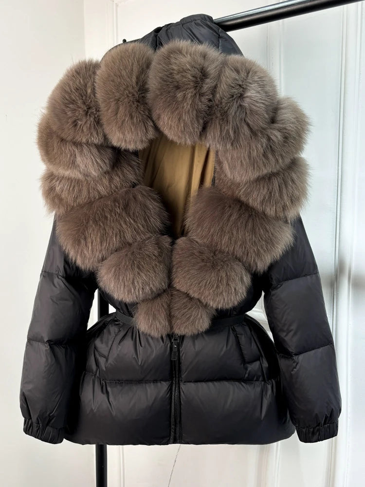 Janveny 2025 Winter Puffer Jacket Women Real Fox Fur Hooded Thick Warm 90% White Duck Down Coat Female Parkas Waterproof