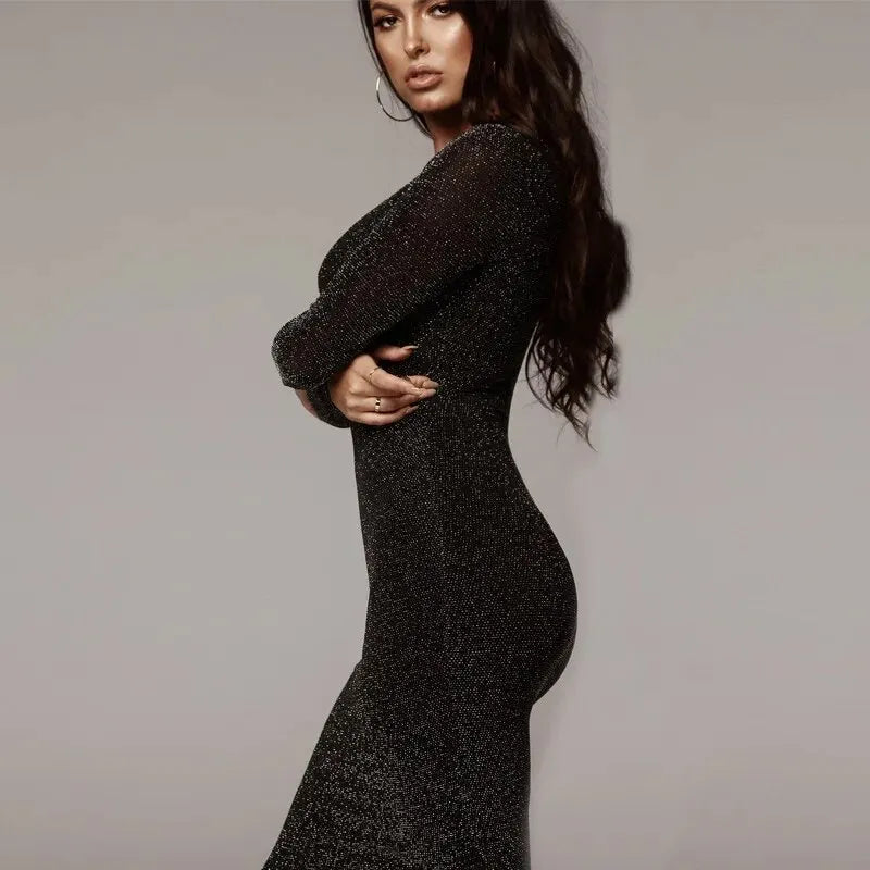 Women Long Sleeve Black Midi Party Dress