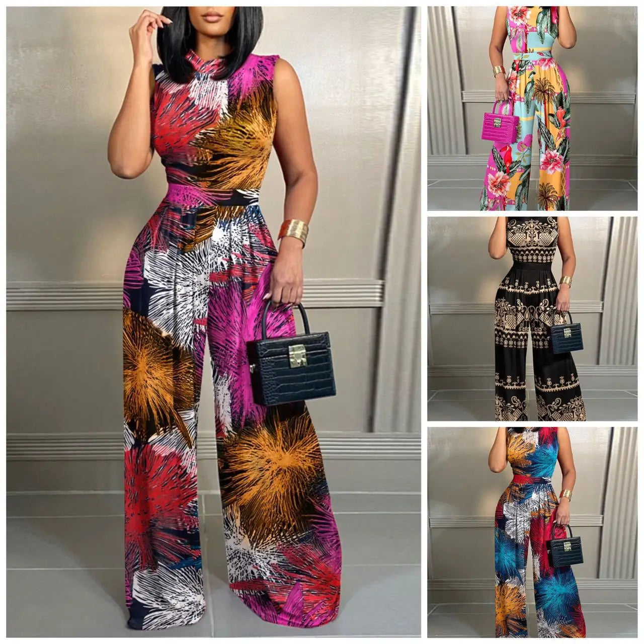 Elegant Women Wide Leg Long Printed Sleeveless Jumpsuits Trouser