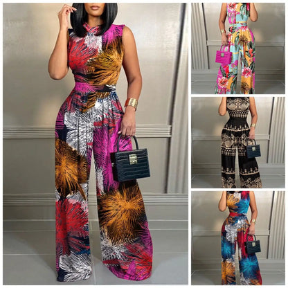 Elegant Women Wide Leg Long Printed Sleeveless Jumpsuits Trouser