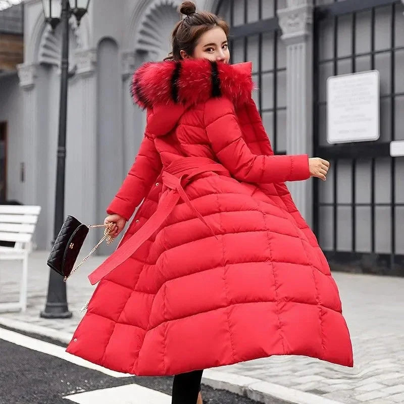 Women Parkas Fur Collar Hooded Cotton Padded Long Coat  Jackets