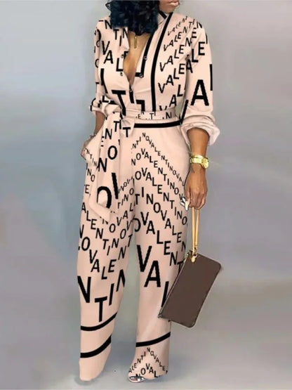 Women Fashion Letter Print Long Sleeve Jumpsuit Spring Button One Piece Overalls Streetwear Autumn Elegant Office Lady Playsuit
