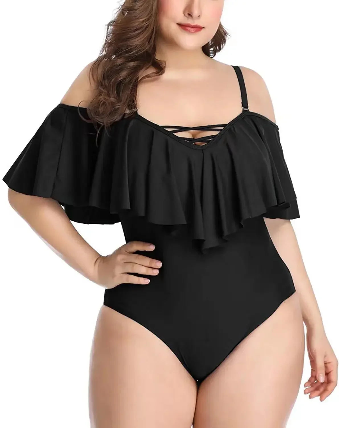Solid Bikini Lotus Leaf Women Plus Size Swimsuit One Piece Swimwear Swimming New