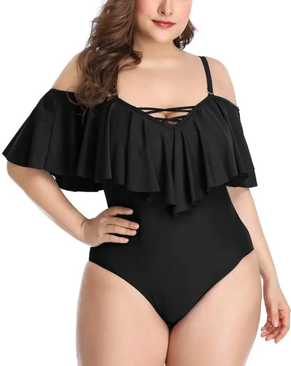 Solid Bikini Lotus Leaf Women Plus Size Swimsuit One Piece Swimwear Swimming New