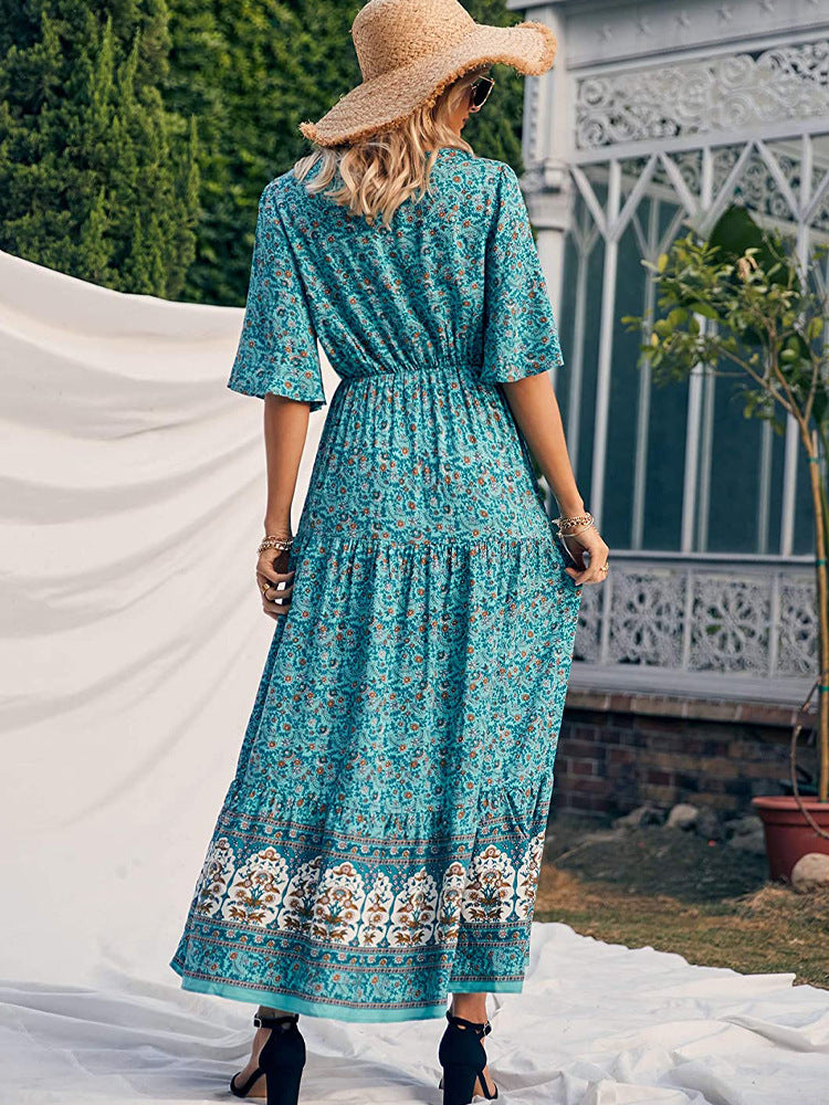 Boho Retro Printed Long Beach Dress Summer Women Flare Short Sleeve V Neck Summer A-Line Dress 2022 Party Elegant Dress