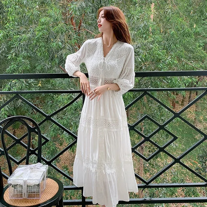 2025 Women's New Spring/Summer White Hollow Sweet Dress Fashion French Bubble Sleeve Knee length Skirt European and American