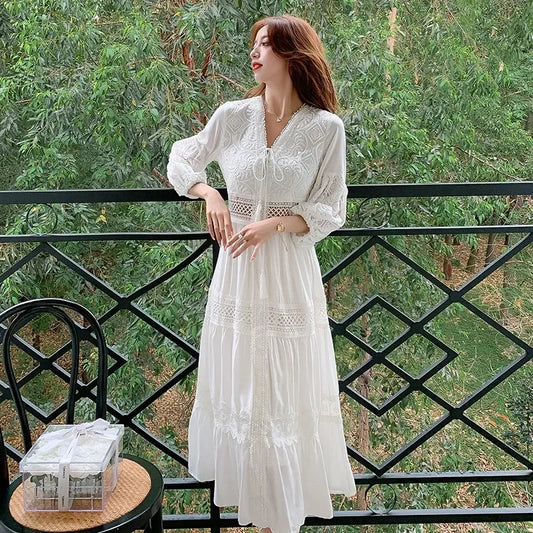 2025 Women's New Spring/Summer White Hollow Sweet Dress Fashion French Bubble Sleeve Knee length Skirt European and American