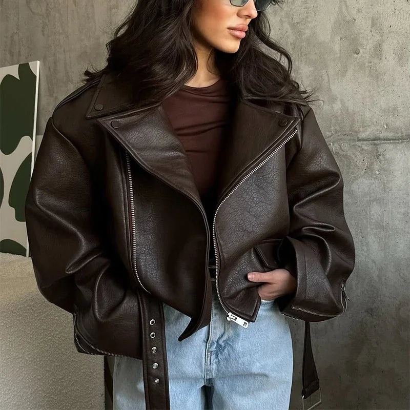 Brown Lapel Leather Bomber Jacket Women's Fashion Full Sleeve Zipper Pocket Lace Up Belt Coat 2025 Autumn High Street Outerwear