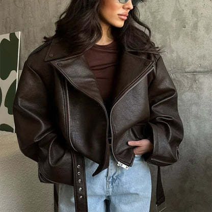 Brown Lapel Leather Bomber Jacket Women's Fashion Full Sleeve Zipper Pocket Lace Up Belt Coat 2025 Autumn High Street Outerwear