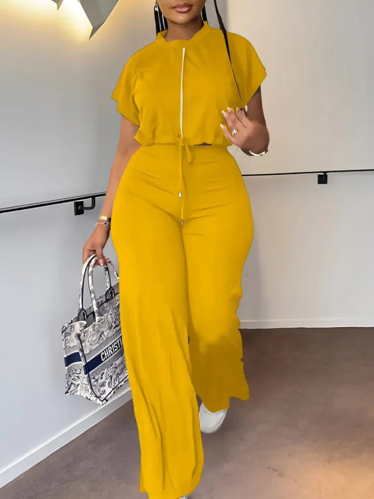 Women Short Sleeve Top & High Waist Pants Set